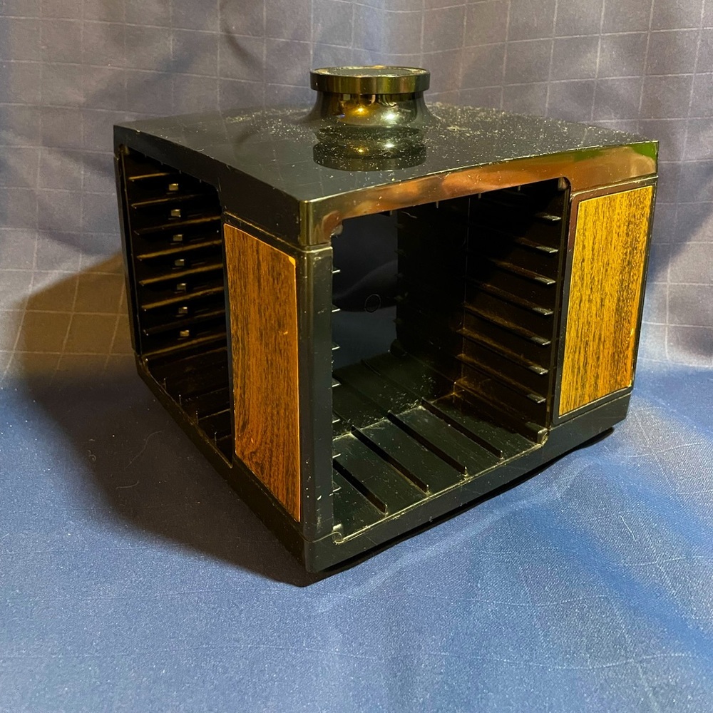 VTG 79s / 80s cassette tape storage carousel black plastic w/ faux wood panels